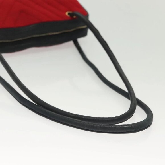 CHANEL V Stitch Shoulder Bag Cotton Red Gold CC Auth 140715 - Picture 6 of 16